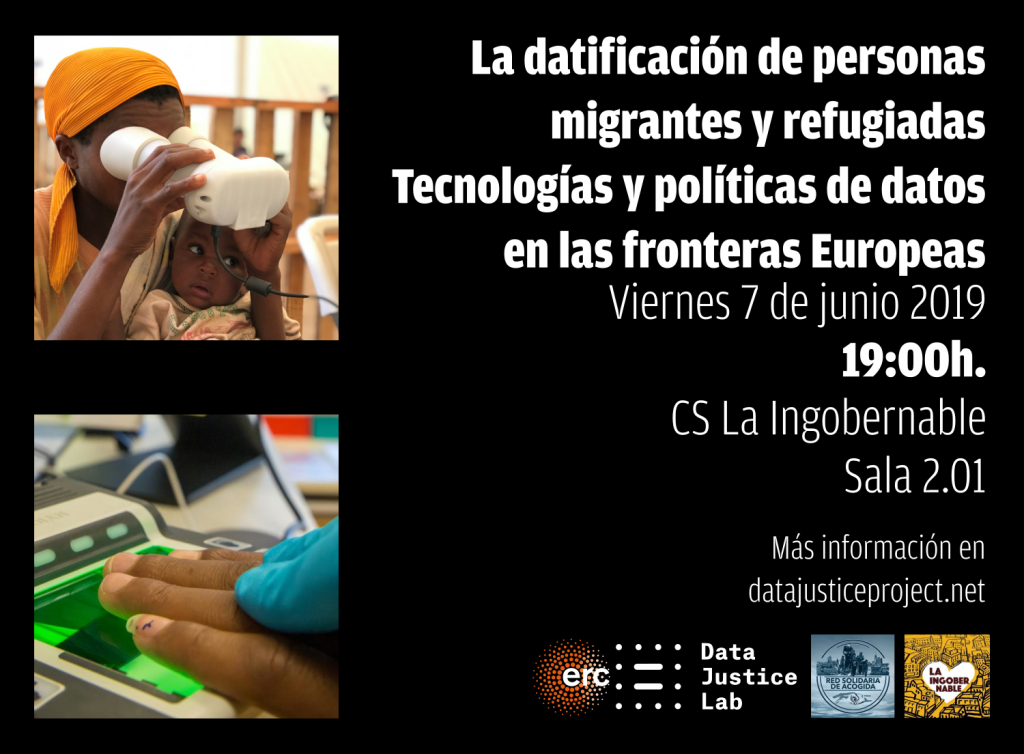 Cartel La datificación de personas  migrantes y refugiadas Tecnologías y políticas de datos  en las fronteras Europeas